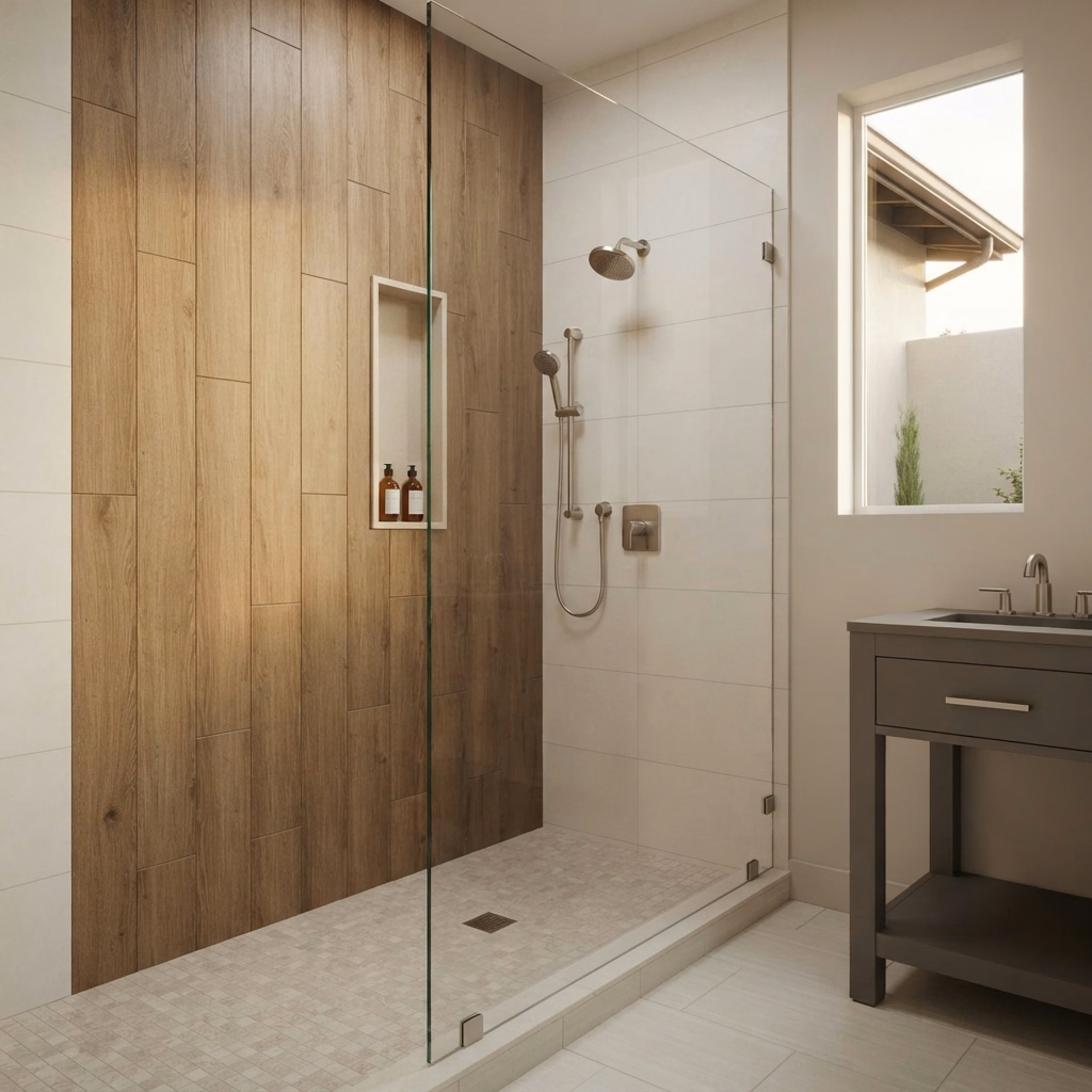 Wood Accent Walls for a San Bernardino shower project.