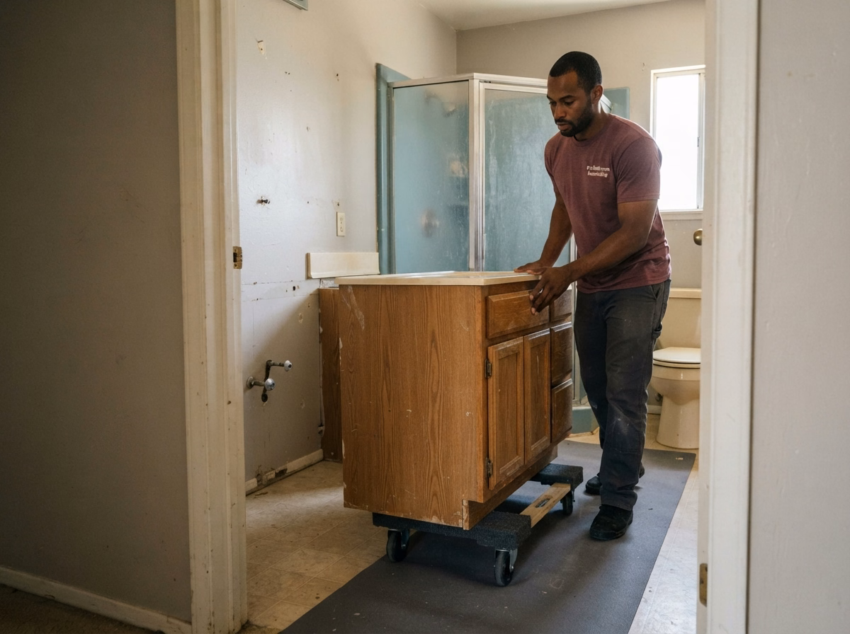 Demolition for a San Bernardino compact bathroom.