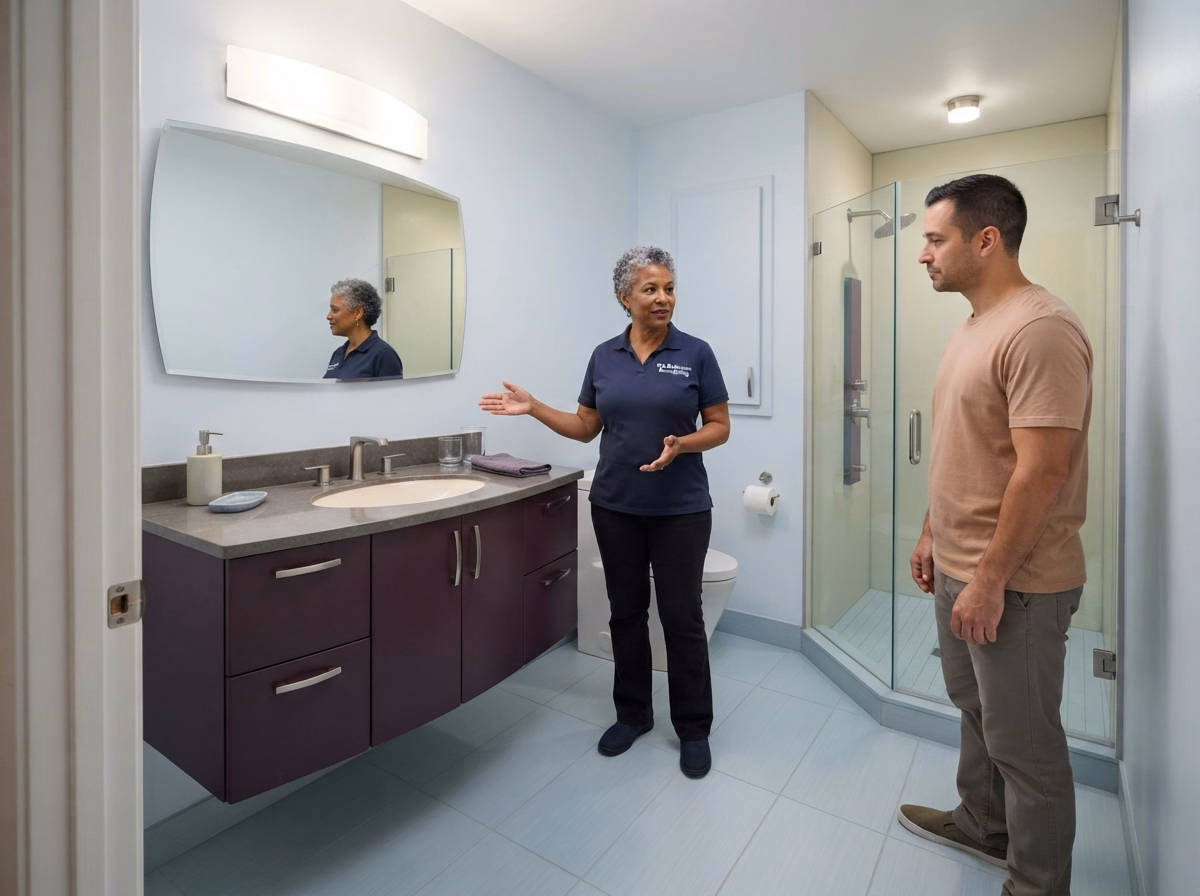 Installation Finish for a San Bernardino compact bathroom.