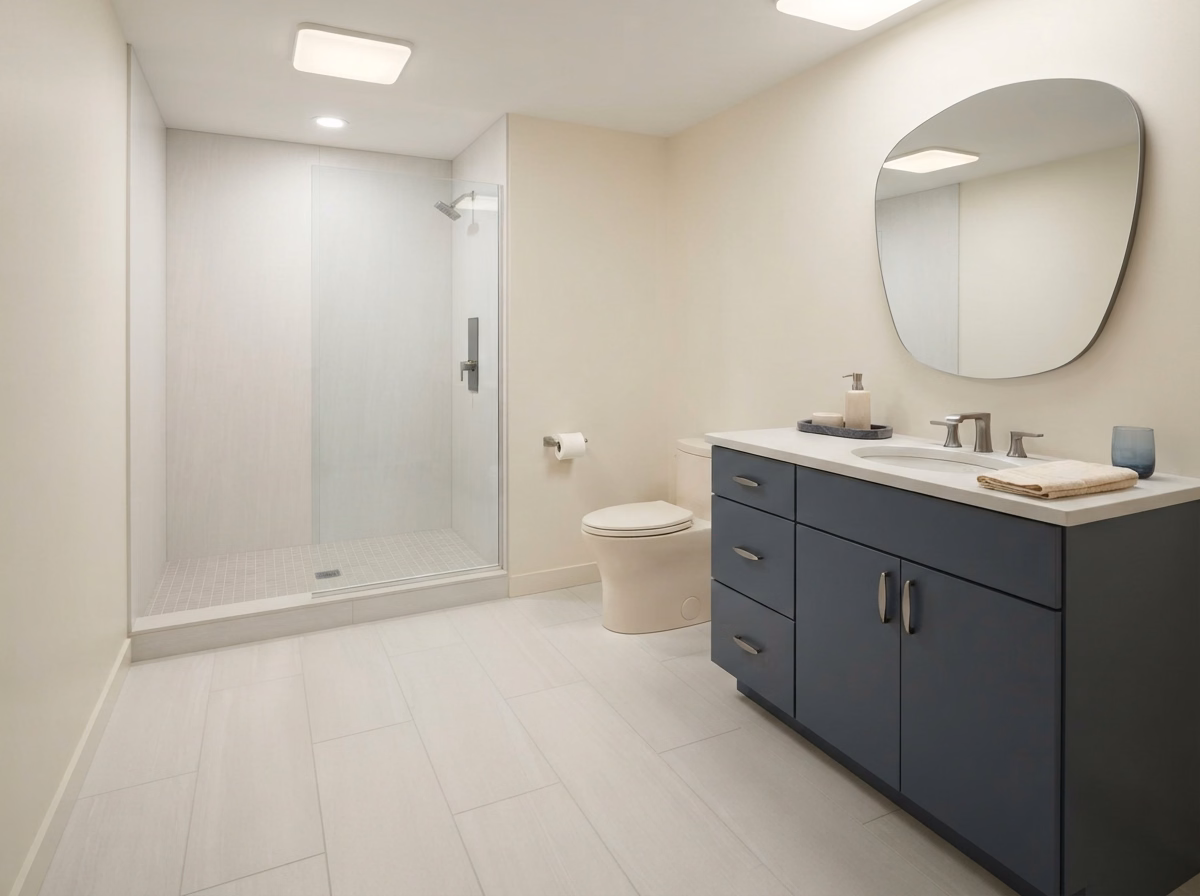 Large Format Light Tile for a San Bernardino compact bathroom.